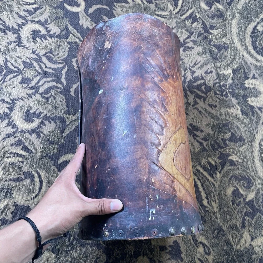 19th Century American Cactus Leather Wastebasket Bin Loop Lace 10.5